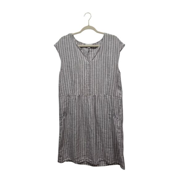 Garnet Hill Gray White Stripe 100% Linen Casual Coastal Pockets Midi Dress, 10 - Picture 1 of 6